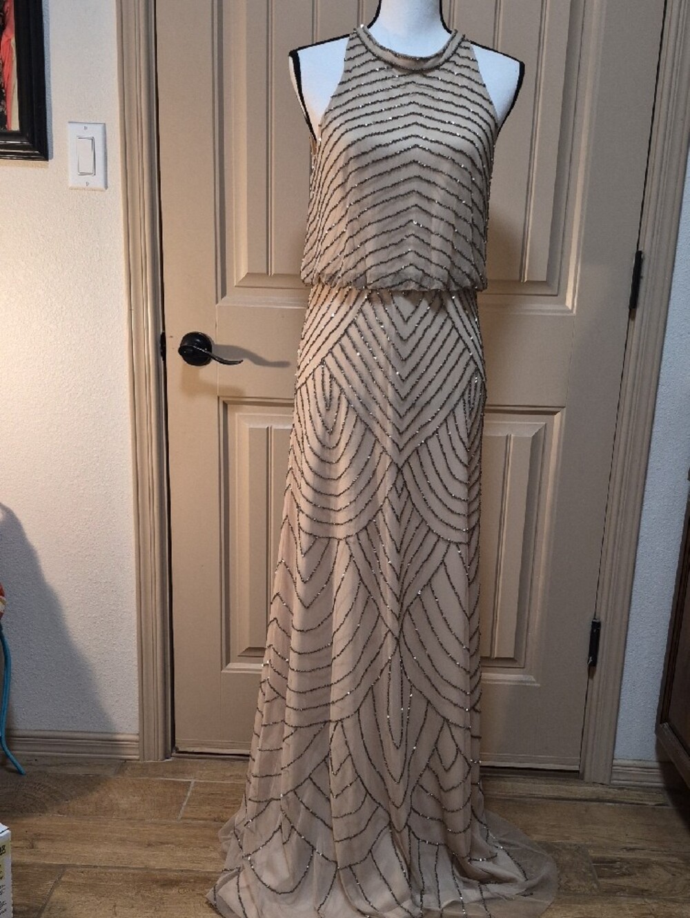 Adrianna Papell Blush Beaded Sleeveless Gown Elegant Formal Mother of the Bride